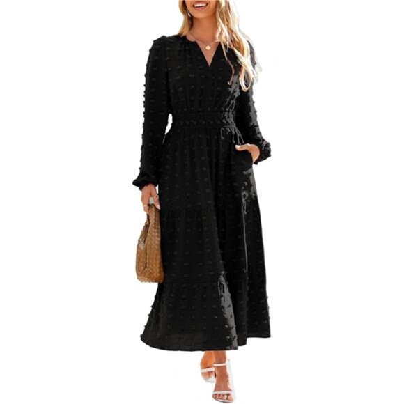Womens Long Sleeve Dot Maxi Dress with Pockets Black - Picture 1 of 6